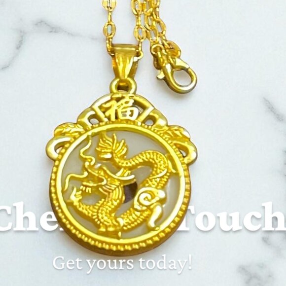 DRAGON NECKLACE GOLD WITH WHITE JADE - Picture 1 of 3
